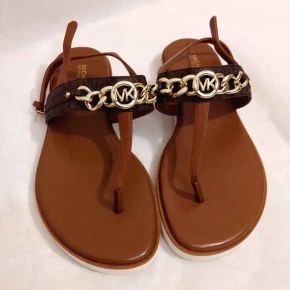 NWB Michael Kors Brown Monogram Chain Sandals Size 9 - Picture 2 of 4